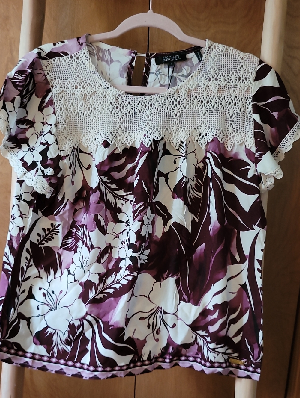 Badgley Mischka Purple and Cream Floral Crochet Yoke Top